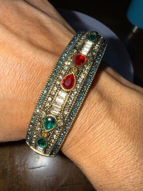 Heidi Daus Gold-Tone Multicolor Gemstone Bangle Bracelet - Red & Green Accents.